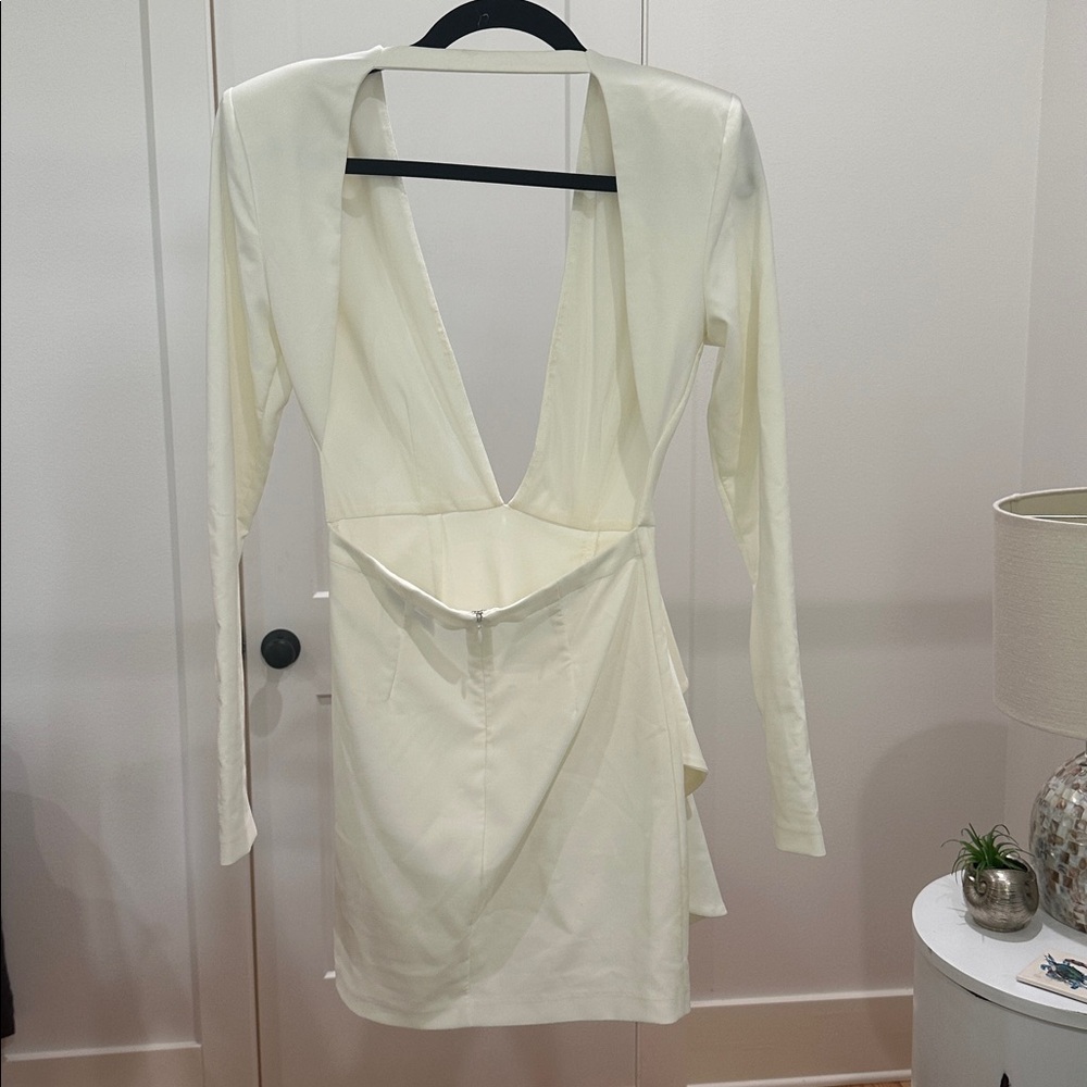 REVOLVE ivory long sleeve plunging neckline, ruffled skirt, backless mini dress - Picture 5 of 9